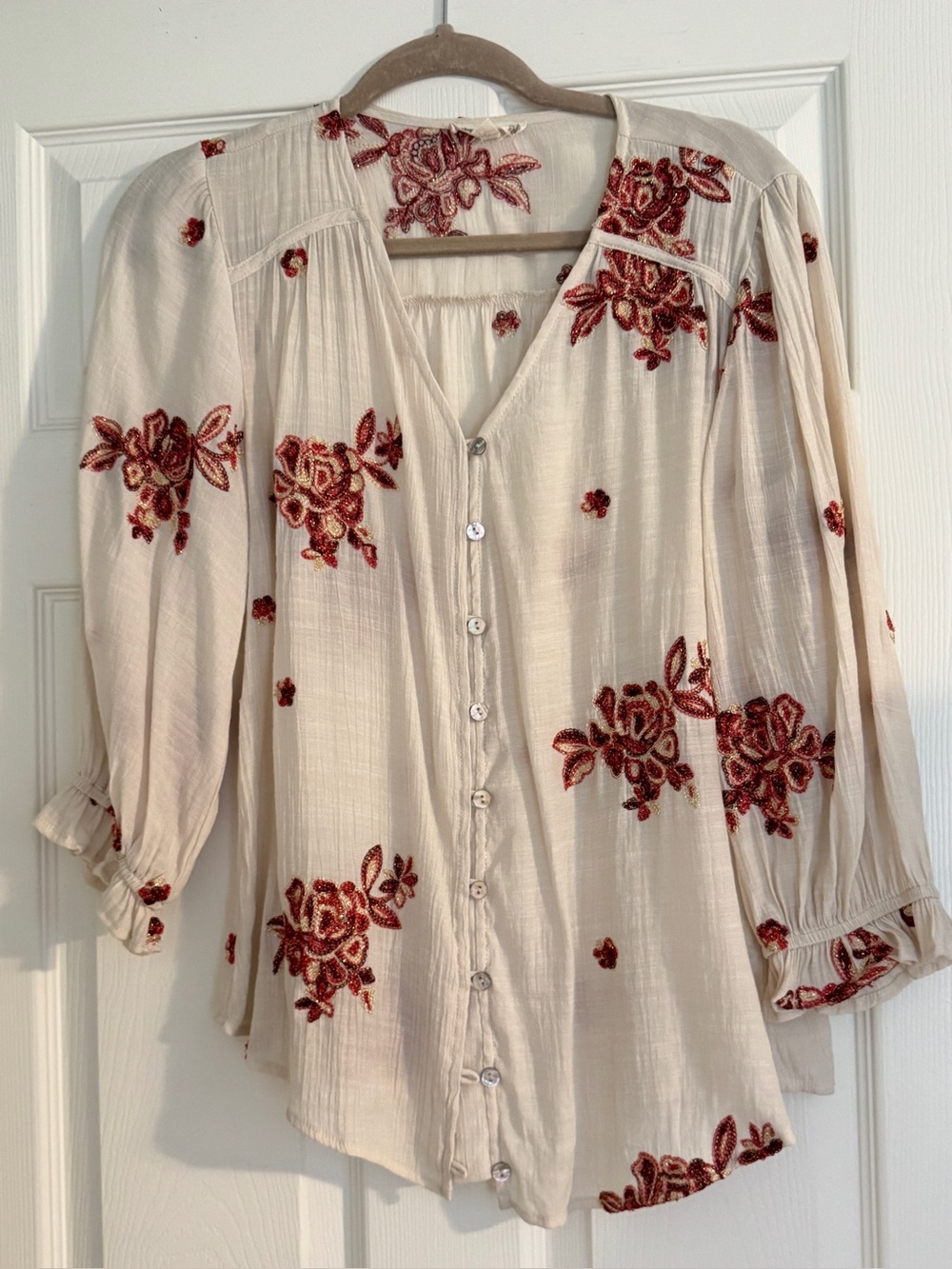 Women's Cream Button-Front Top with Red Floral Embroidery